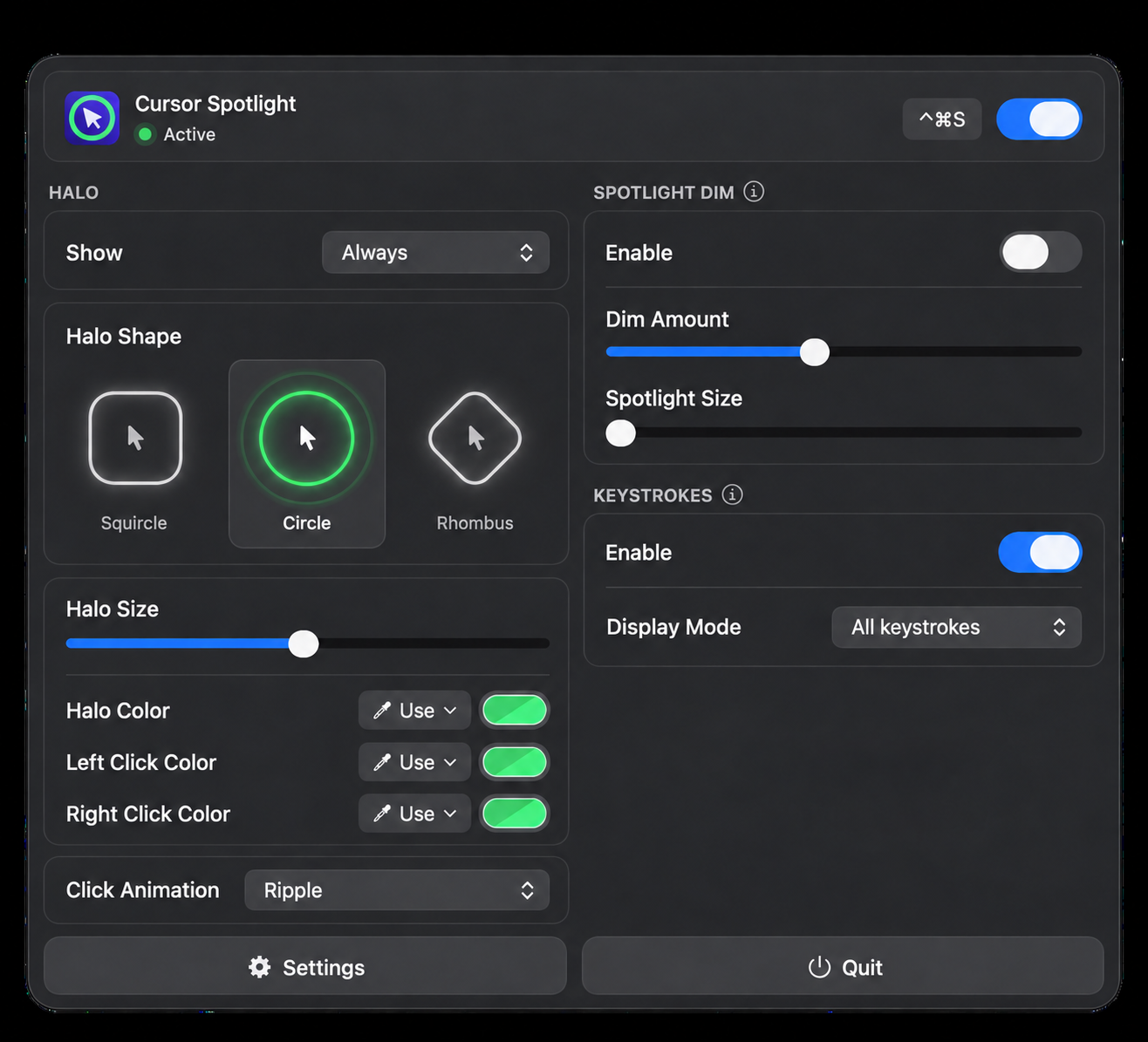Complete Cursor Spotlight panel opened from its icon in the macOS menu bar