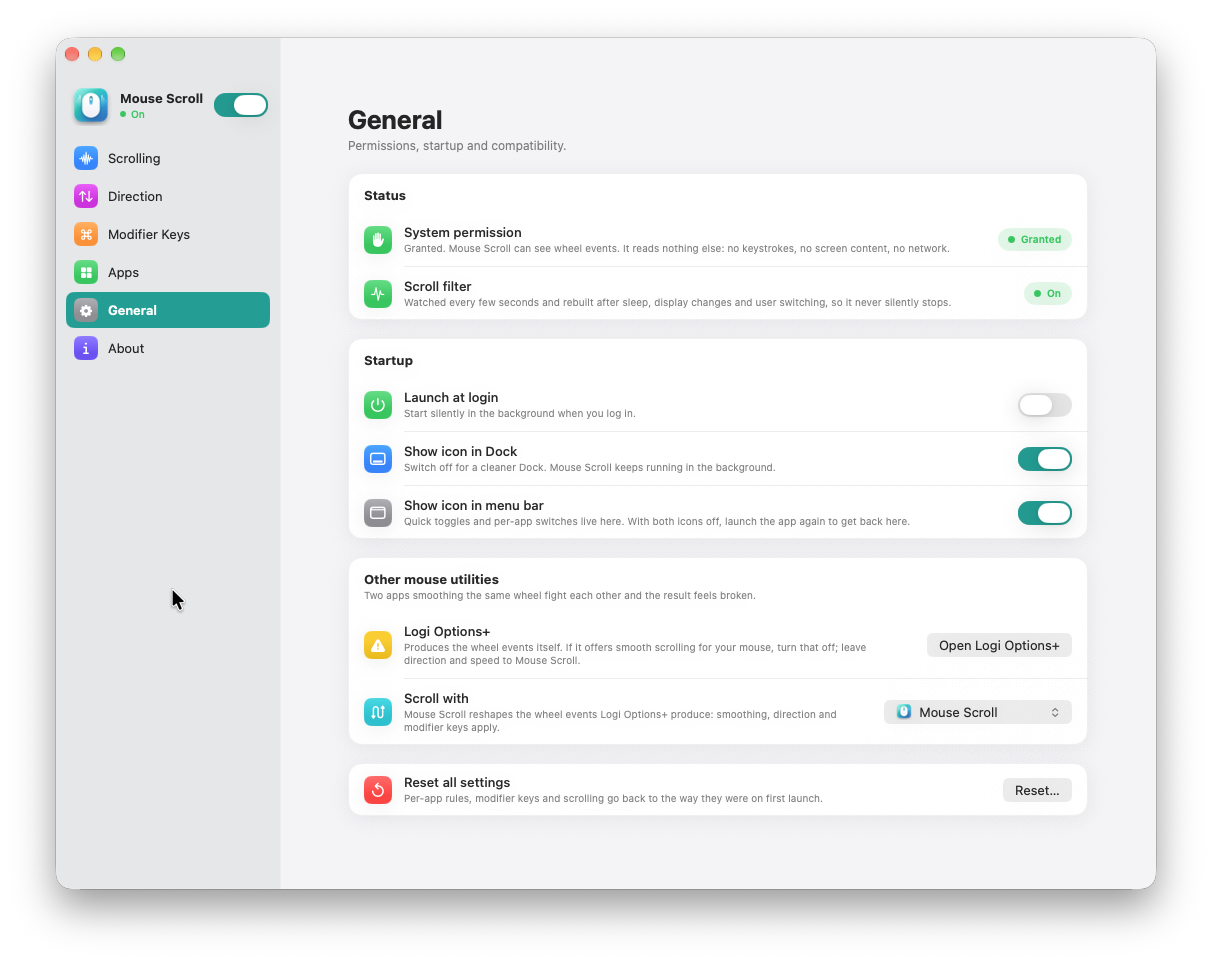 Mouse Scroll General settings with permissions, launch at login, Dock and menu bar options, and mouse utility compatibility